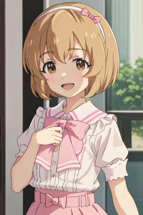 best quality, masterpiece, highres, solo, {koga_koharu_theidolmastercinderellagirlsu149:1.15}, short_hair, brown_eyes, bow, hairband, brown_hair, smile, pink_bow, bangs, blonde_hair, open_mouth, upper_body, hair_bow, 1girl, closed_eyes, shirt, white_shirt, indoors, :d, collarbone, own_hands_together