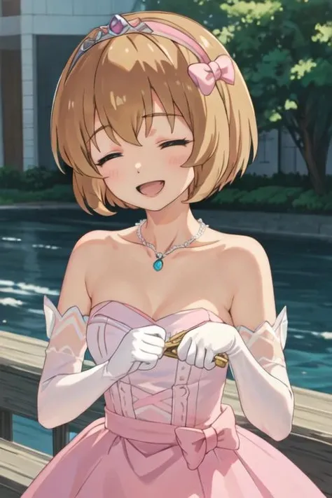 best quality, masterpiece, highres, solo, {koga_koharu_theidolmastercinderellagirlsu149:1.15}, short_hair, brown_eyes, bow, hairband, brown_hair, smile, pink_bow, bangs, blonde_hair, open_mouth, upper_body, hair_bow, 1girl, :d, closed_eyes, dress, facing_viewer, bare_shoulders, blush, collarbone, gloves, pink_dress, tiara, elbow_gloves, jewelry, necklace, strapless, strapless_dress, white_gloves