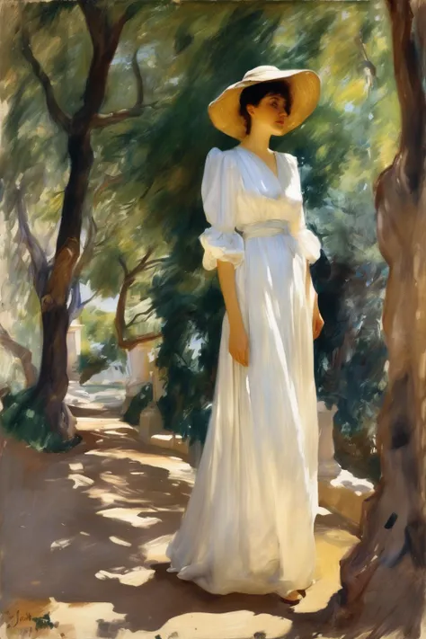 John Singer Sargent Style - a painting of woman in a white dress standing in dappled shade under Mediterranean trees in the style of John Singer Sargent