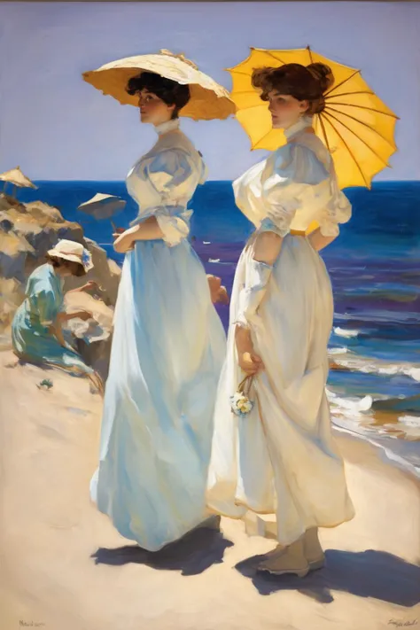 John Singer Sargent Style - a 1909 impressionist painting in the style of Joaquin Sorolla, The women depicted in life-size are Sorolla's wife, Clotilde, and his eldest daughter, Maria. The painting was created at Playa de El Cabanyal beach in Sorolla's hometown of Valencia. Both women lean slightly forward, giving the impression of movement towards the right edge. Clotilde is standing straight, while Maria has turned her head slightly to the right and is looking towards the viewer. Both mother and daughter are wearing long white sundresses with elegant presentation, including a straw hat and parasol for Clotilde. Maria's dress emphasizes her slender silhouette with a stand-up collar and transparent white cloth sleeves. Clotilde's dress has cropped sleeves and is accented with a white belt. The sea wind creates arabesques behind Maria's dress. Maria holds a yellow straw hat with a wide brim, decorated with purple flowers and a turquoise bow. Clotilde holds an open white parasol angled to the ground on the left side. Both women wear elegant white women's shoes with small heels. The painting features an ocher expanse of sand in the foreground, with the women standing a few meters from the sea. The sand is depicted in short strokes, and there is a seamless transition from the beach to the sea. The viewer's perspective is slightly raised, with no visible horizon. The beach and the sea form a background, with a wave of white foam at the top of the screen. The sea shimmers in different shades of blue, which Sorolla applied in elongated brushstrokes. The dominant color of the image is the white of the dress and parasol, mixed with blue, yellow, lilac, and orange shades. The lighting in the painting is characteristic of early evening on a summer day in the Mediterranean, with the sun appearing from the direction of the viewer, casting long shadows behind the women. The painting is representative of Luminismo, a form of Neo-Impressionism that originated in Spain resulting from Impressionism.