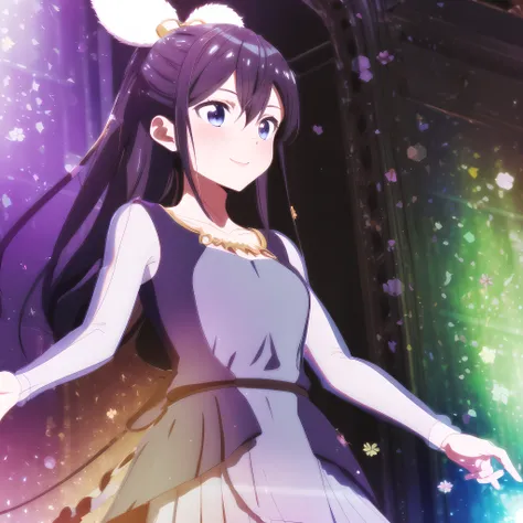 high quality, best quality, masterpiece, absurdres, rena hananoi, idol, 1girl, stage, <lora:rena-new01:0.85>, glow, light_particles, smile, blush, upper_body, bow, ribbon, blue_dress