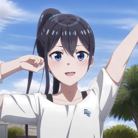 high quality, best quality, masterpiece, absurdres, rena hananoi, sports, 1girl, <lora:rena-000003:0.8>, white_shirt, black_strap, stretching, sweat, outdoors, sunny, smile