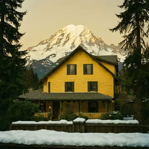 film photography style a dark image of a yellow house framed by a snowy mountain in the background and trees on either side <lora:FILM_PHOTOGRAPHY_STYLE-000017:1>