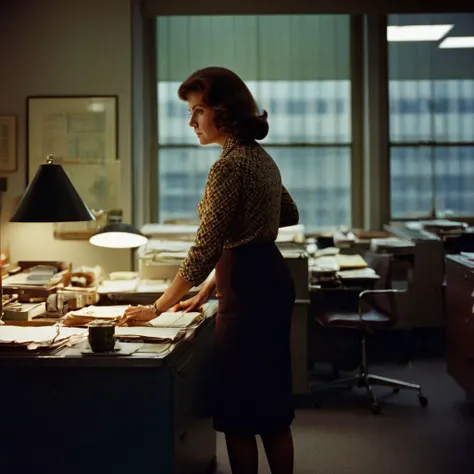 film photography style a moody picture of a 1960s woman working in an office in New York <lora:FILM_PHOTOGRAPHY_STYLE-000017:1>