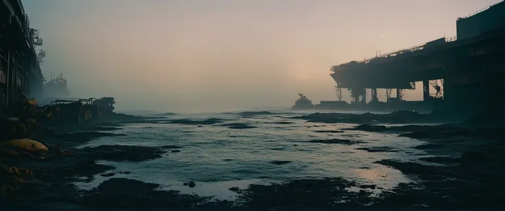 sci-fi aesthetics, film photography style, a moody picture of Ocean alien landscape where water covers the entire surface, teeming with marine life of all shapes and sizes (with a derelict loading bay in the background:1.2), new Moon, at sunset, dim lit, foggy, muted colors, hazy, vintage, analog style <lora:SDXL_FILM_PHOTOGRAPHY_STYLE_Alphav0.2:1>