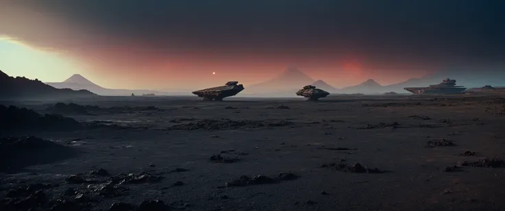 sci-fi aesthetics, film photography style, a moody picture of alien landscape where the surface is a very hot and dry, most of the landscape is made up of gently rolling plains, mountains and volcanoes, and much of its surface is covered with old lava flows1 (with a crashed and derelict star destroyer in the background:1.2), waning gibbous, at sunrise, dim lit, foggy, muted colors, hazy, vintage, analog style <lora:SDXL_FILM_PHOTOGRAPHY_STYLE_Alphav0.2:1>