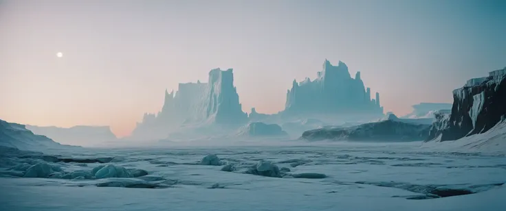sci-fi aesthetics, film photography style, a moody picture of Ice alien landscape covered in ice and snow, with frigid temperatures, landscape dominated by glaciers, ice caves, and frozen oceans (with a futuristic power plant in the background:1.2), new Moon, at dawn, dim lit, foggy, muted colors, hazy, vintage, analog style <lora:SDXL_FILM_PHOTOGRAPHY_STYLE_Alphav0.2:1>