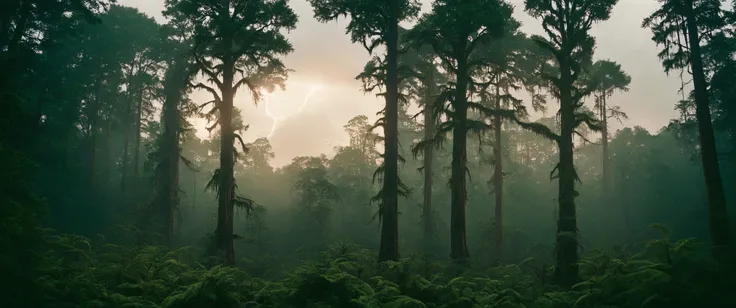 sci-fi aesthetics, film photography style, a moody picture of Forest alien landscape covered in dense, lush forests and towering trees reach towards the sky, forming a canopy that blocks out much of the sunlight (with a derelict loading bay in the background:1.2), lightning storm, at sunset, dim lit, foggy, muted colors, hazy, vintage, analog style <lora:SDXL_FILM_PHOTOGRAPHY_STYLE_Alphav0.2:1>