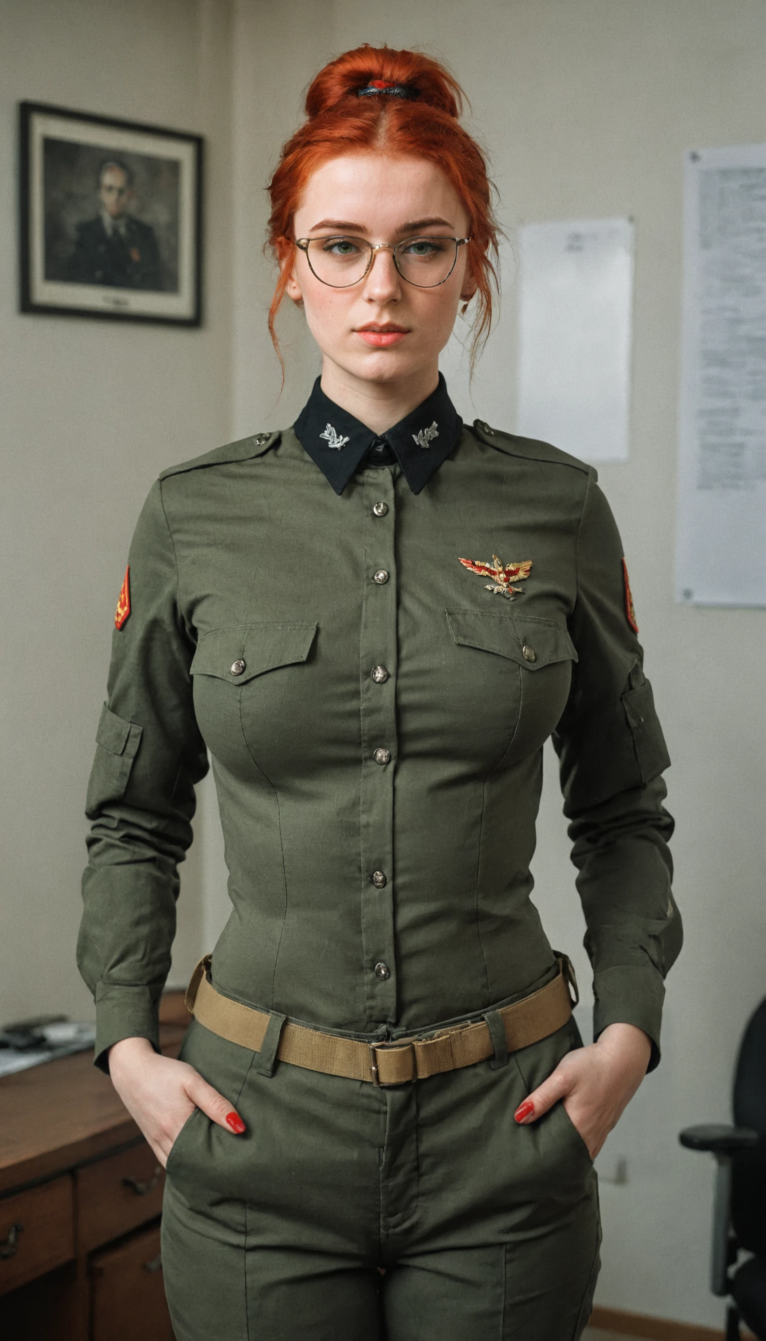 20y old russian female with glasses and a fiery red ponytail haircut posing with her hands on her hips, military office outfit, freckles, detailed face, detailed eyes, dark makeup, (big boobs:1.3), big ass, thicc tights, papers on hand, <lora:add-detail-xl:0.8> <lora:SDXL_FILM_PHOTOGRAPHY_STYLE_BetaV0.4> film photography style, medium grain, raw photo, 35mm photography, tank behind
