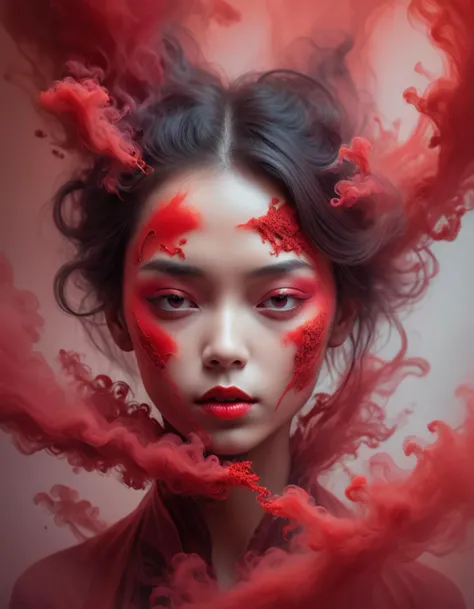closeup portrait photo, face frame, fog, dense fog, red smoke, red splats, half woman half fly, woman morphing into fly, blend woman and fly, <lora:RMSDXL_Enhance:1>, <lora:Surreal Harmony:2>