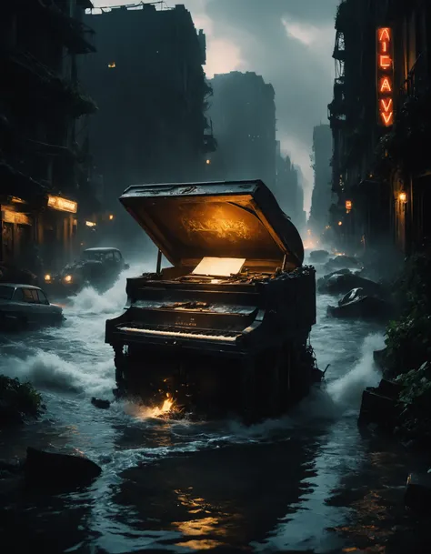 (((Artistic Image, metade da imagem com ((Cena com um piano de cauda em meio a paredes desmoronadas, Piano de cauda com telhado):1.5), metade da imagem com ((Opening to an abandoned night metropolis with skyscrapers in the rain), ((Chuva na cidade):1.5), (deteriorated skyscraper), ( Skyscraper with slime), ( Skyscraper with rust)), ((Antecedentes com o DEPH):1.5), A dreamlike atmosphere is created by softly lit architectural details, The piano is a symbol of timeless beauty in the midst of decadence, Pintura digital, Very high detail, tiro grande angular, Adding a dash of mystery to the composition))), (Rastreamento de caminho), (Cyberpunk), (Post apocalyptic), 16k, UHD, max quality, Max Resolution, ultrarrealista, Ultra Detalhado