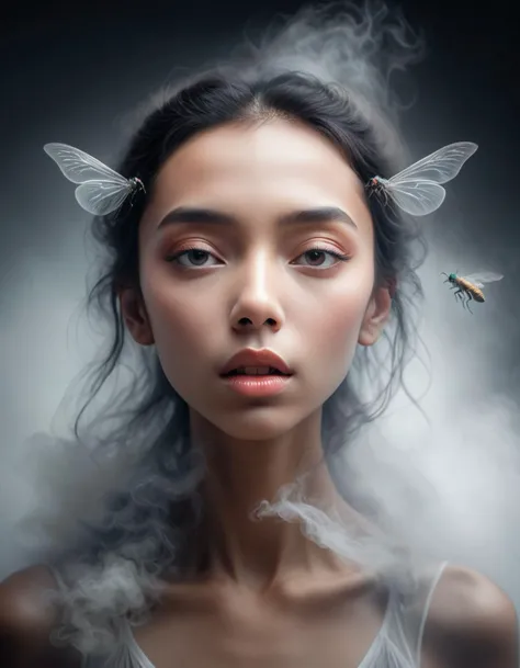 closeup portrait photo, face frame, fog, dense fog, half woman half fly, woman morphing into fly, blend woman and fly, <lora:RMSDXL_Enhance:1>, <lora:Surreal Harmony:2>