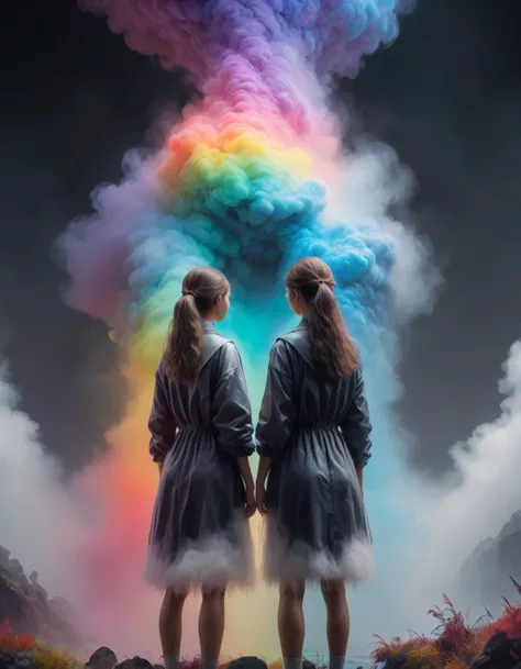 fog, dense fog, (closeup back view:1.2), (2 young women:1.4), painter, paint the rainbow, surreal harmony, epic photo, best quality, UHD, 8k wallpaper, hyperdetailed, octane render, ray tracing, best proportion, surrealistic art, <lora:RMSDXL_Enhance:1>, <lora:Surreal Harmony:2>
