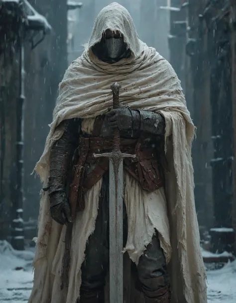 hidden face, mysterious character draped in a tattered white cloak with a hood, standing upright, holding a sliver sword with one hand on the hilt and positioned in front of him, nobility and secrecy, with armor gear visible around the waist. background is dark snowy alley, enigmatic aura of the character. The style is ethereal and artistic, soft lighting and shadows, cinematic warm lighting, mystery, white cloak should have a soft texture, sword should have a shiny metallic sheen, <lora:sdxl_lightning_8step_lora:1>, <lora:FILM_PHOTOGRAPHY_STYLE:0.5>, <lora:MJ52:0.3>, <lora:Warm Lighting Style:0.5>