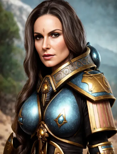 alien planet backround, Adepta Sororitas, brunette, (long wavy hair), ((natural skin texture, skin pores)), solo, upper body, intricate detail, ultra realistic, 8k, epic, very high resolution, <lora:warhammerAdeptus_whsororitasV3:0.7> <lora:Kendra_Lust:0.7>
