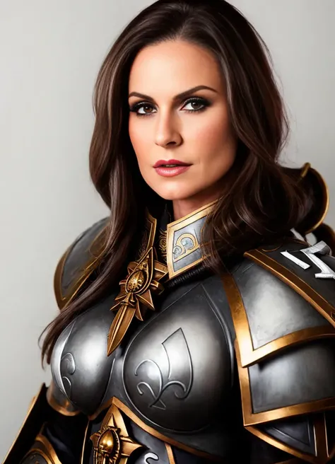 whsororitas, grey background, brunete, looking at viewer, white shirt, simple background, solo, upper body, ultra realistic, 8k, epic, very high resolution, <lora:Kendra_Lust:0.7> <lora:warhammerAdeptus_whsororitasV3:0.7>