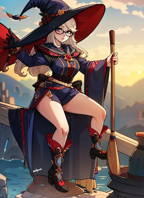 ((best quality)), ((highly detailed)), masterpiece, absurdres, extremely detailed face, beautiful face, (detailed eyes, deep eyes), <lora:more_details:.2>, (1girl), (glasses), dynamic pose, full body, witch, witch hat, broom, (outside, on a floating island, afternoon), <lora:kinkymation:.75>, kinkymation