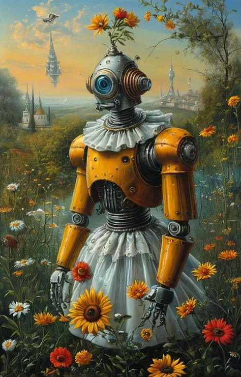 masterpiece,best quality,<lora:tbh129-sdxl:0.7>,robot,illustration,oil painting,style of Michael Cheval,