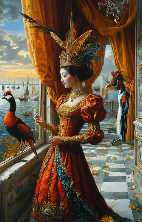 masterpiece,best quality,<lora:tbh129-sdxl:0.7>,indoor,illustration,oil painting,style of Michael Cheval,