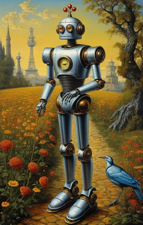 masterpiece,best quality,<lora:tbh129-sdxl:0.3>,robot,illustration,oil painting,style of Michael Cheval,