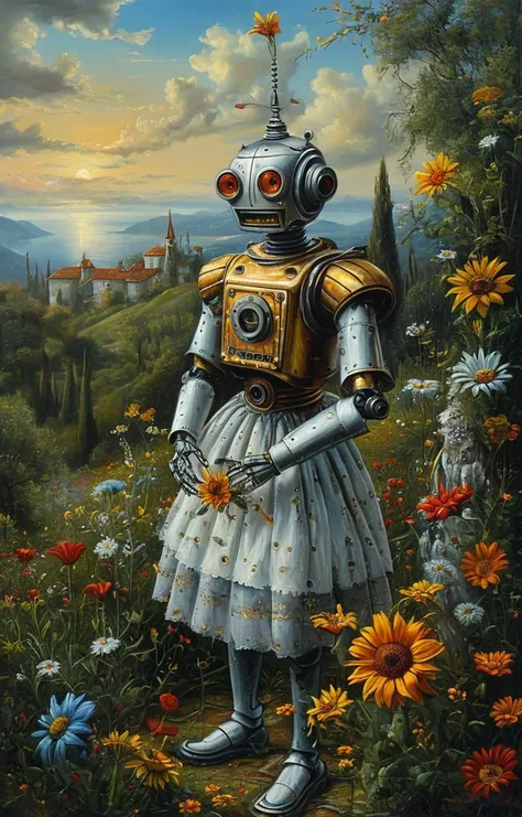 masterpiece,best quality,<lora:tbh129-sdxl:0.7>,robot,illustration,oil painting,style of Michael Cheval,