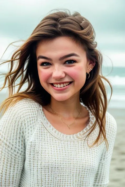 a beautiful young woman, in a white knit sweater, close up, perfect face, cute eyes, on the beach at midnight, cute smile, night photography, 8k uhd, cinematic lighting