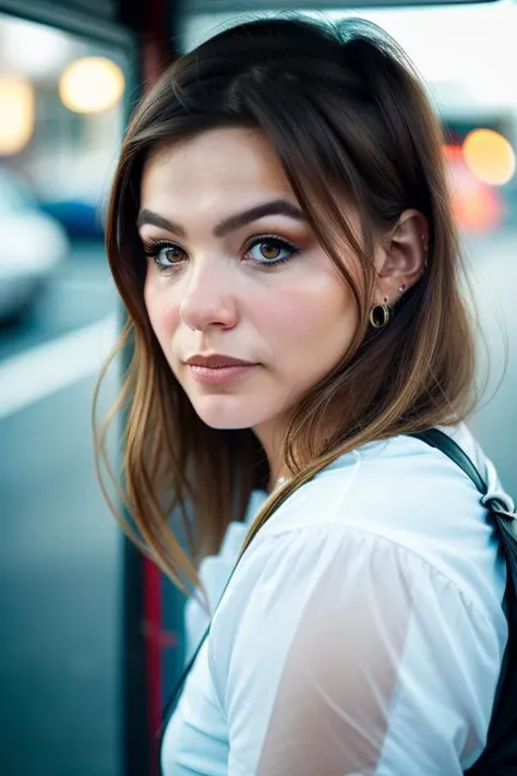 a stunningly beautiful woman, at the buss stop, midnight, bokeh, nice eyes, sharp focus, 8k uhd, cinematic lighting