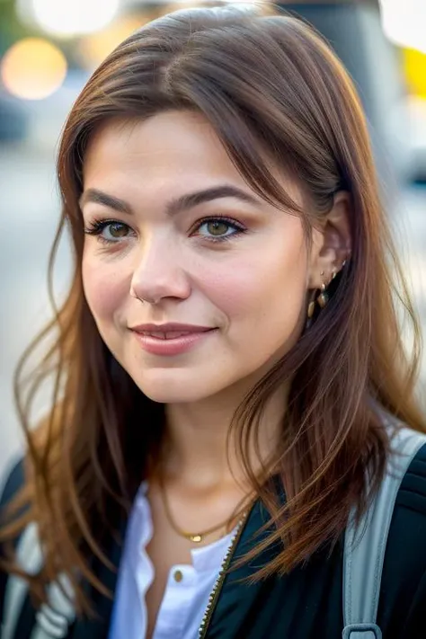 a stunningly beautiful woman, at the buss stop, midnight, bokeh, nice eyes, [[cute smile]], sharp focus, 8k uhd, cinematic lighting