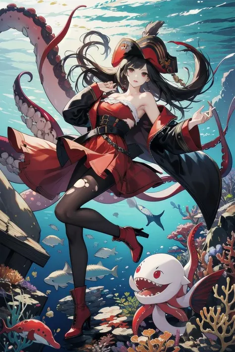 A woman wearing a white sleeveless shirt, red skirt, brown tights, black boots, wearing a black leather cape, black pirate leader hat with red details, medium long black hair, red eyes, smiling, black tentacles around , multi tentacles, full body, sea scene, big breasts, (woman solo), bloom, 8k, super detail, ccurate, best quality, UHD, anatomically correct, textured skin, high quality, highres, best quality