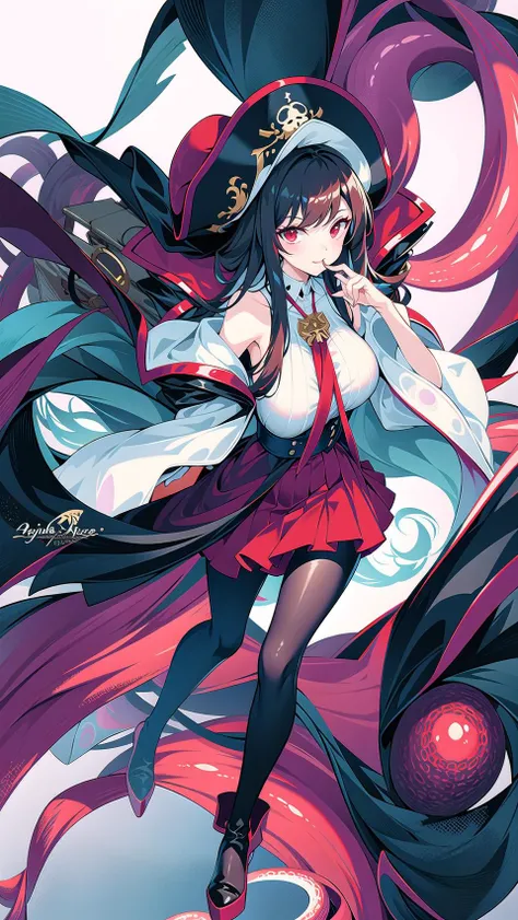 masterpiece, best quality,royalfortune(azur lane), 1girl, red eyes, tentacles, torn clothes, pantyhose, breasts, black hair, red skirt, book, jacket, solo, skirt, black jacket, torn pantyhose, boots, sleeveless, white shirt, shirt, long hair, standing, looking at viewer, hat, open clothes, bare shoulders, black pantyhose, full body, black headwear, belt, open jacket, off shoulder, high heels, pirate hat, <lora:RoyalFortune-000007:0.8> <lora:GoodHands-vanilla:1>, scenery, background,