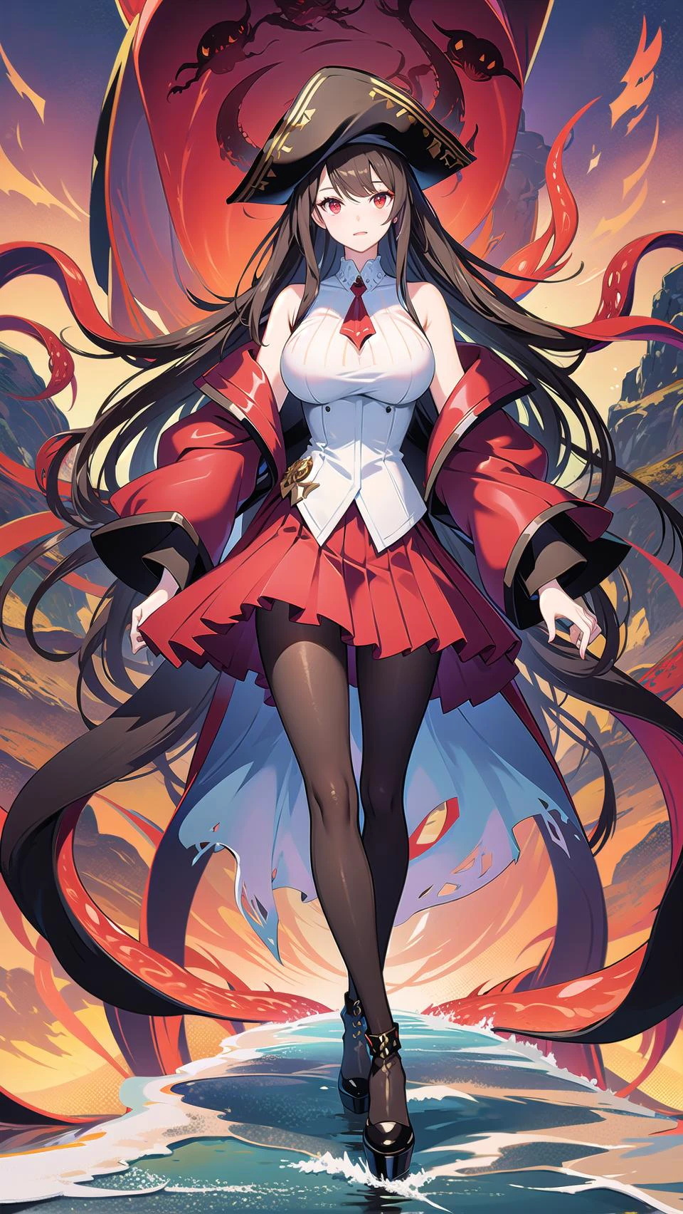 masterpiece, best quality,royalfortune(azur lane), 1girl, red eyes, tentacles, torn clothes, pantyhose, breasts, black hair, red skirt, book, jacket, solo, skirt, black jacket, torn pantyhose, boots, sleeveless, white shirt, shirt, long hair, standing, looking at viewer, hat, large breasts, open clothes, bare shoulders, black pantyhose, full body, black headwear, belt, open jacket, off shoulder, high heels, pirate hat, <lora:RoyalFortune-000007:0.8> <lora:GoodHands-vanilla:1>, scenery, background,