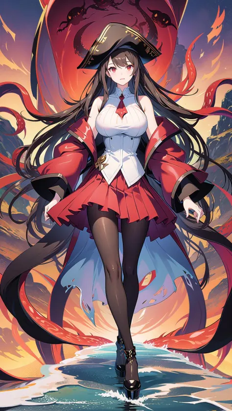 masterpiece, best quality,royalfortune(azur lane), 1girl, red eyes, tentacles, torn clothes, pantyhose, breasts, black hair, red skirt, book, jacket, solo, skirt, black jacket, torn pantyhose, boots, sleeveless, white shirt, shirt, long hair, standing, looking at viewer, hat, large breasts, open clothes, bare shoulders, black pantyhose, full body, black headwear, belt, open jacket, off shoulder, high heels, pirate hat, <lora:RoyalFortune-000007:0.8>  <lora:GoodHands-vanilla:1>, scenery, background,