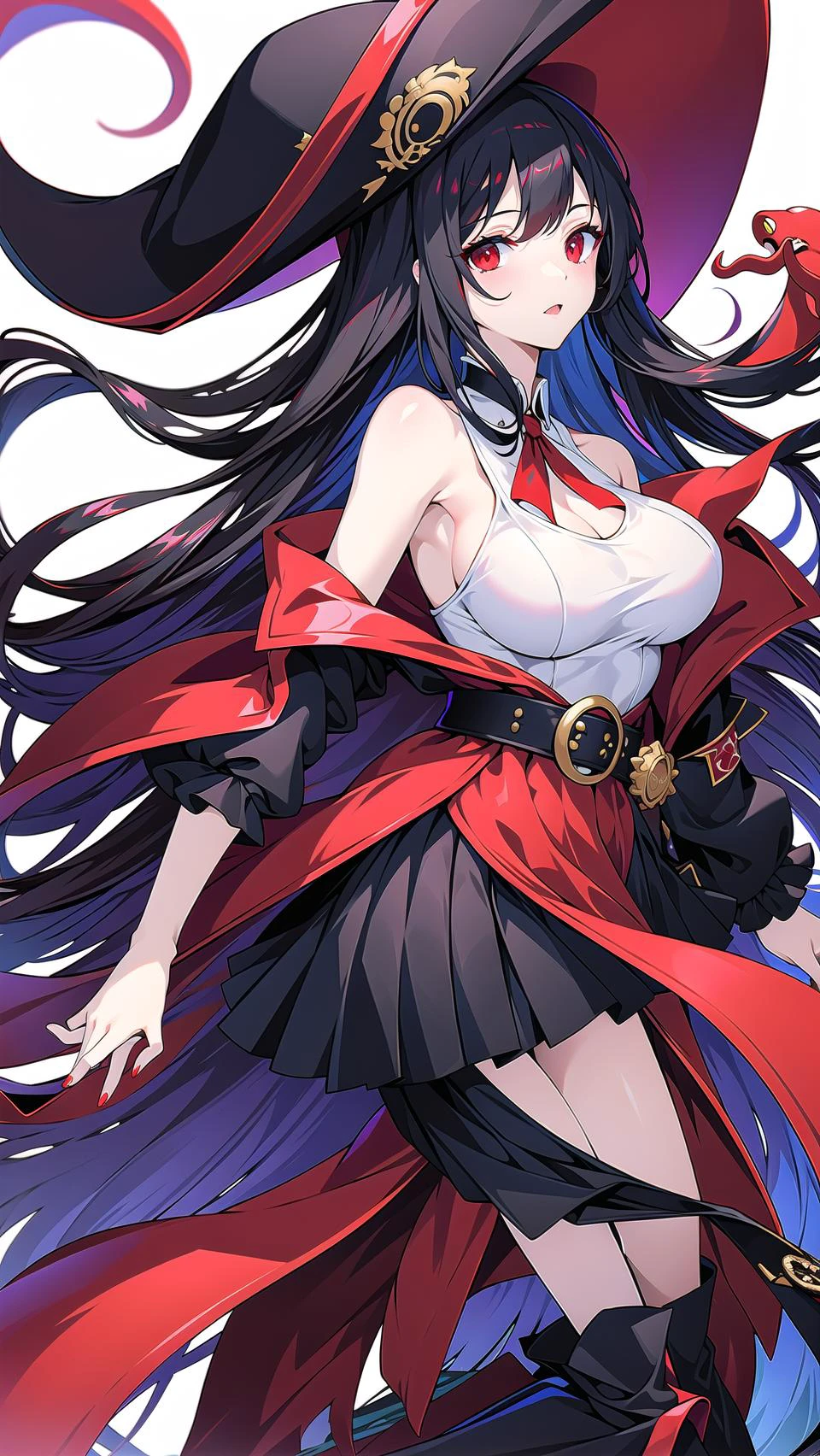 masterpiece, best quality,royalfortune(azur lane), 1girl, red eyes, tentacles, torn clothes, pantyhose, breasts, black hair, red skirt, book, jacket, solo, skirt, black jacket, torn pantyhose, boots, sleeveless, white shirt, shirt, long hair, standing, looking at viewer, hat, open clothes, bare shoulders, black pantyhose, full body, black headwear, belt, open jacket, off shoulder, high heels, pirate hat, <lora:RoyalFortune-000007:0.8> <lora:GoodHands-vanilla:1>, scenery, background,