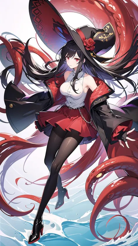 masterpiece, best quality,royalfortune(azur lane), 1girl, red eyes, tentacles, torn clothes, pantyhose, breasts, black hair, red skirt, book, jacket, floating object, solo, skirt, floating book, black jacket, torn pantyhose, boots, sleeveless, white shirt, shirt, weapon, long hair, standing, looking at viewer, hat, large breasts, floating, open clothes, bare shoulders, black pantyhose, full body, black headwear, closed mouth, belt, open jacket, off shoulder, water, high heels, pirate hat<lora:RoyalFortune-000006:0.9>