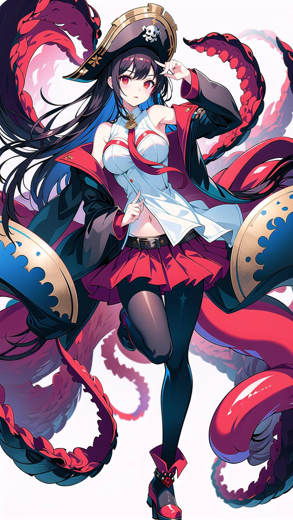 masterpiece, best quality,royalfortune(azur lane), 1girl, red eyes, tentacles, torn clothes, pantyhose, breasts, black hair, red skirt, book, jacket, solo, skirt, black jacket, torn pantyhose, boots, sleeveless, white shirt, shirt, long hair, standing, looking at viewer, hat, open clothes, bare shoulders, black pantyhose, full body, black headwear, belt, open jacket, off shoulder, high heels, pirate hat, <lora:RoyalFortune-000007:0.8> <lora:GoodHands-vanilla:1>, scenery, background,