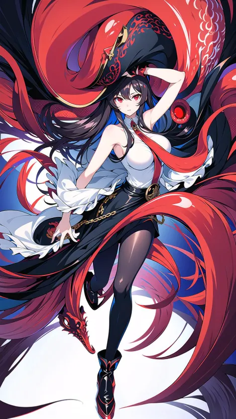masterpiece, best quality,royalfortune(azur lane), 1girl, red eyes, tentacles, torn clothes, pantyhose, breasts, black hair, red skirt, book, jacket, solo, skirt, black jacket, torn pantyhose, boots, sleeveless, white shirt, shirt, long hair, standing, looking at viewer, hat, open clothes, bare shoulders, black pantyhose, full body, black headwear, belt, open jacket, off shoulder, high heels, pirate hat, <lora:RoyalFortune-000007:0.8> <lora:GoodHands-vanilla:1>, scenery, background,