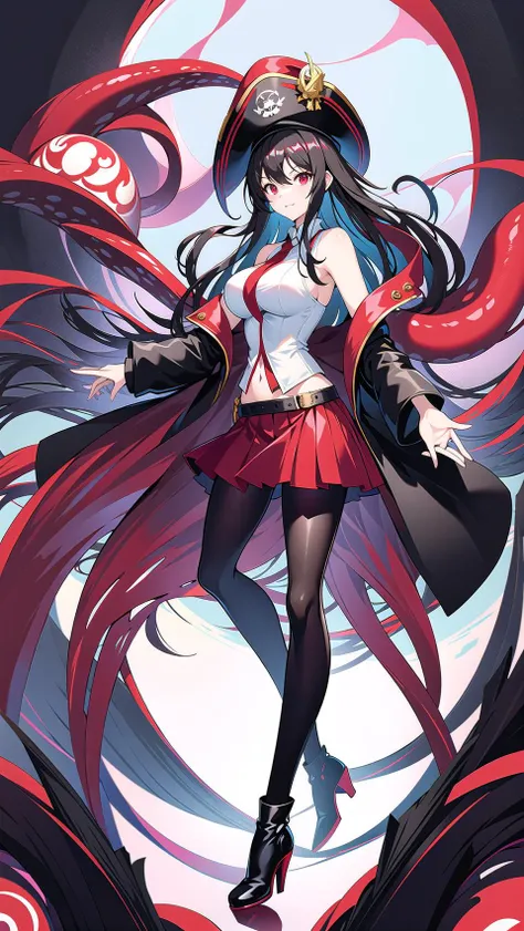 masterpiece, best quality,royalfortune(azur lane), 1girl, red eyes, tentacles, torn clothes, pantyhose, breasts, black hair, red skirt, book, jacket, solo, skirt, black jacket, torn pantyhose, boots, sleeveless, white shirt, shirt, long hair, standing, looking at viewer, hat, open clothes, bare shoulders, black pantyhose, full body, black headwear, belt, open jacket, off shoulder, high heels, pirate hat, <lora:RoyalFortune-000007:0.8> <lora:GoodHands-vanilla:1>, scenery, background,