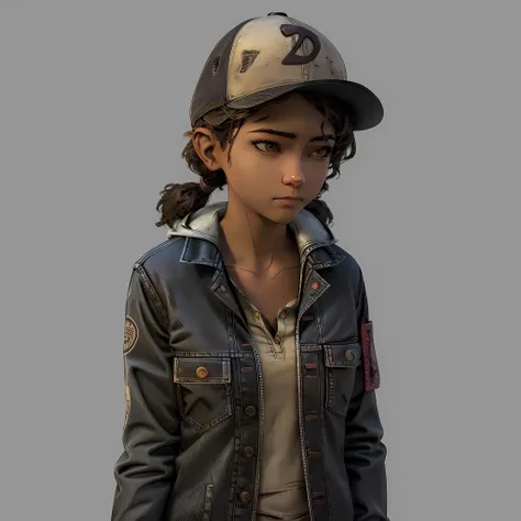 ((masterpiece, best quality)),(complex lighting) , solo,1girl,upper body, clementine, dark skin,dark-skinned female, <lora:ClementineWalkingDead1-10:0.8>, baseball cap, jeans, shirt, short twintails,open jacket, simple background,