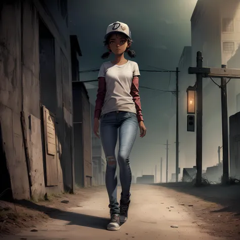 ((masterpiece, best quality)),(complex lighting) , solo, full body,1girl, clementine, dark skin, <lora:ClementineWalkingDead1-10:0.6>, baseball cap, jeans, layered sleeves, destroyed city, walking, zombie, low twintails,