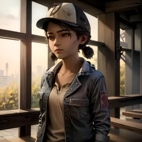 ((masterpiece, best quality)),(complex lighting) , solo,1girl,upper body, clementine, dark skin,dark-skinned female, <lora:ClementineWalkingDead1-10:0.8>, baseball cap, jeans, shirt, short twintails,open jacket, frizzy hair