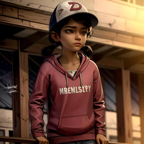 ((masterpiece, best quality)),(complex lighting) , solo,1girl,upper body, clementine, dark skin,dark-skinned female, <lora:ClementineWalkingDead1-10:0.8>, baseball cap, jeans, shirt,long sleeves, short twintails, hoodie,