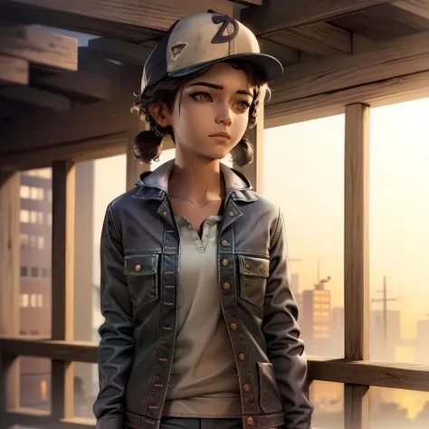 ((masterpiece, best quality)),(complex lighting) , solo,1girl,upper body, clementine, dark skin,dark-skinned female, <lora:ClementineWalkingDead1-10:0.8>, baseball cap, jeans, shirt, short twintails,open jacket, frizzy hair,brown eyes,