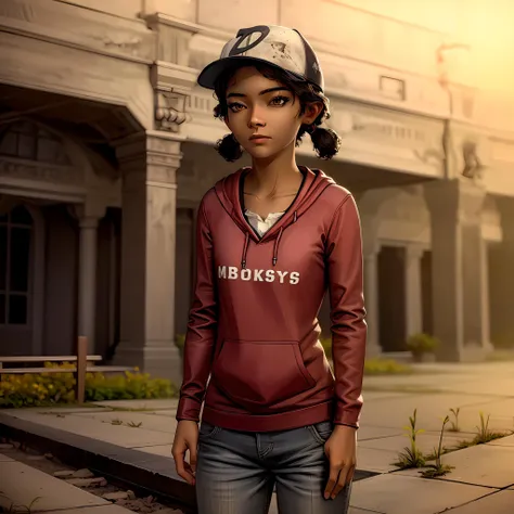 ((masterpiece, best quality)),(complex lighting) , solo,1girl, clementine, dark skin,dark-skinned female, <lora:ClementineWalkingDead1-10:0.8>, baseball cap, jeans, shirt,long sleeves, short twintails, hoodie,
