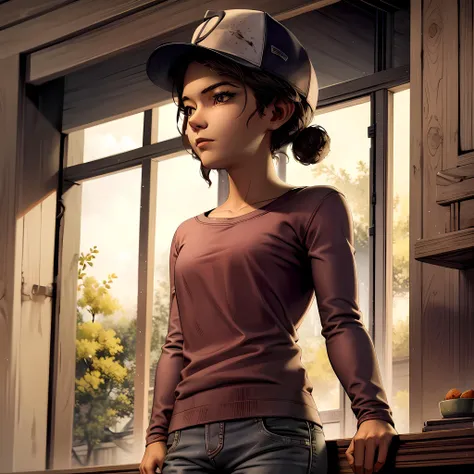 ((masterpiece, best quality)),(complex lighting) , solo,1girl, clementine, dark skin, <lora:ClementineWalkingDead1-10:0.8>, baseball cap, jeans, shirt,long sleeves, low double bun, hair bun,