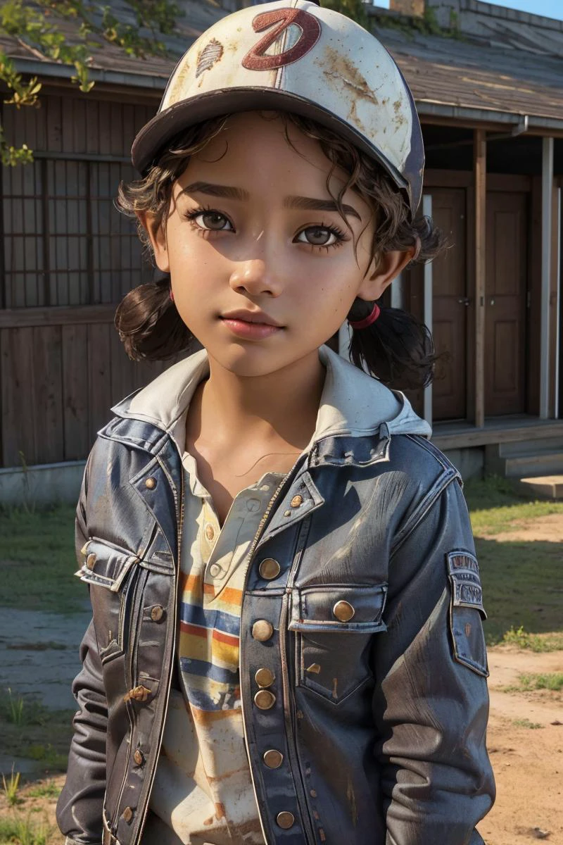 professional photo of clementine, brown eyes, solo, dark skin, baseball cap, jeans, shirt, short twintails, open jacket, frizzy hair, (AS-Younger:1.2),
detailed skin, detailed eyes, finely detailed hair,
volumetric light, highrez, masterpiece, best quality,
<lora:ClementineWalkingDead1-10:0.76:MIDD>