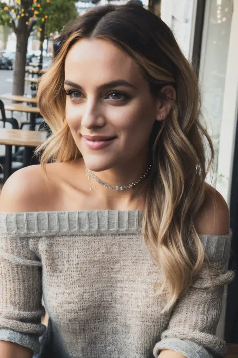 rkh piercing eyes, looking straight, very happy,wavy  hair, wearing an off-shoulder sweater, choker, closeup portrait, in a outdoor cafe in 2015, afternoon light,<lyco:RileyKeough-RealVision-V1.0:1.0>