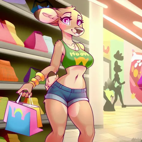 deer, anthro, female, solo, shopping bag, colorful clothing, bracelets, daisy dukes, crop top,mall, department store, hand behind back, masterpiece, best quality, by loimu, top ranked on e621, <lora:LoimuStyle:0.8>