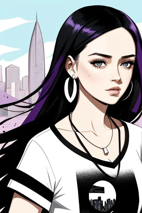 (illustration), cover art, (((minimalist))), (stylized), (high contrast), graffiti, paint splatter, purple and yellow highlights, chr1st14n_s3rr4t0s, with long black hair, white v-neck t-shirt, lively, earrings, necklace looking at viewer, close-up, ((outdoor city)) background, fashion, vibrant, portrait , messy