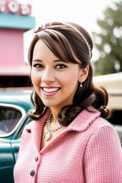 14c3ych4b3rt, brown hair, brown eyes, sfw, heart locket around neck, smile, outside 1950's drive in restaurant, standing in the parking lot, 1950's style cars in the background, pink cardigan, (white collared shirt:0.9), detailed pupils, poodle skirt, <lora:Lacey_Chabert_PMv2_Lora:1>,, ((Glamour Portrait)), high quality photography, 3 point lighting, flash with softbox, 4k, Canon EOS R3, hdr, smooth, sharp focus, high resolution, award winning photo, 80mm, f2.8, bokeh