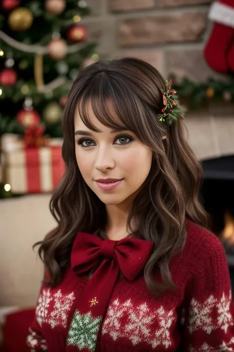 (RAW, analogue, Nikon Z 14mm ultra-wide angle lens, award-winning glamour photograph, ((best quality)), ((masterpiece)), ((realistic)), skin pores, subsurface scattering, radiant light rays, high-res, detailed facial features, high detail, sharp focus, smooth, aesthetic, extremely detailed, (extremely detailed eyes, extremely detailed iris), extremely detailed hair, extremely detailed skin, extremely detailed clothes, octane render, photorealistic, realistic, post-processing, max detail, realistic shadows, roughness, natural skin texture, real life, ultra-realistic, photorealism, photography, 8k UHD, photography, hdr, intricate, elegant, highly detailed, sharp focus, stunning, beautiful, gorgeous), (photorealistic), (realistic), portrait of 14c3ych4b3rt, posing for a Christmas card, modelshoot style, ((ugly christmas sweater)), (long skirt), ((living room)), ((standing next to a Christmas tree)), ((fireplace in the background)), (looking at viewer), (detailed pupils:1.3), (modern outfit:1.2), ((full body)), red lips, (eye shadow), big smile, best quality, highly detailed, masterpiece, ultra-detailed, shimmering brown eyes, festive bow in hair, hairclip, detailed eyes, intricate face, dearness, high contrast, (secret:0.9), <lora:Lacey_Chabert_PMv2_Lora:1.3>,